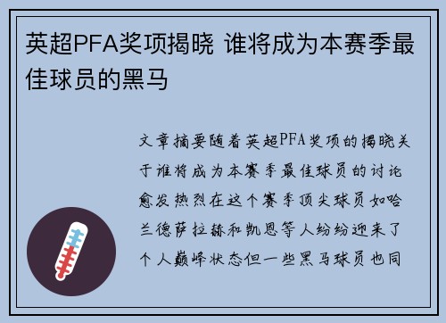 英超PFA奖项揭晓 谁将成为本赛季最佳球员的黑马